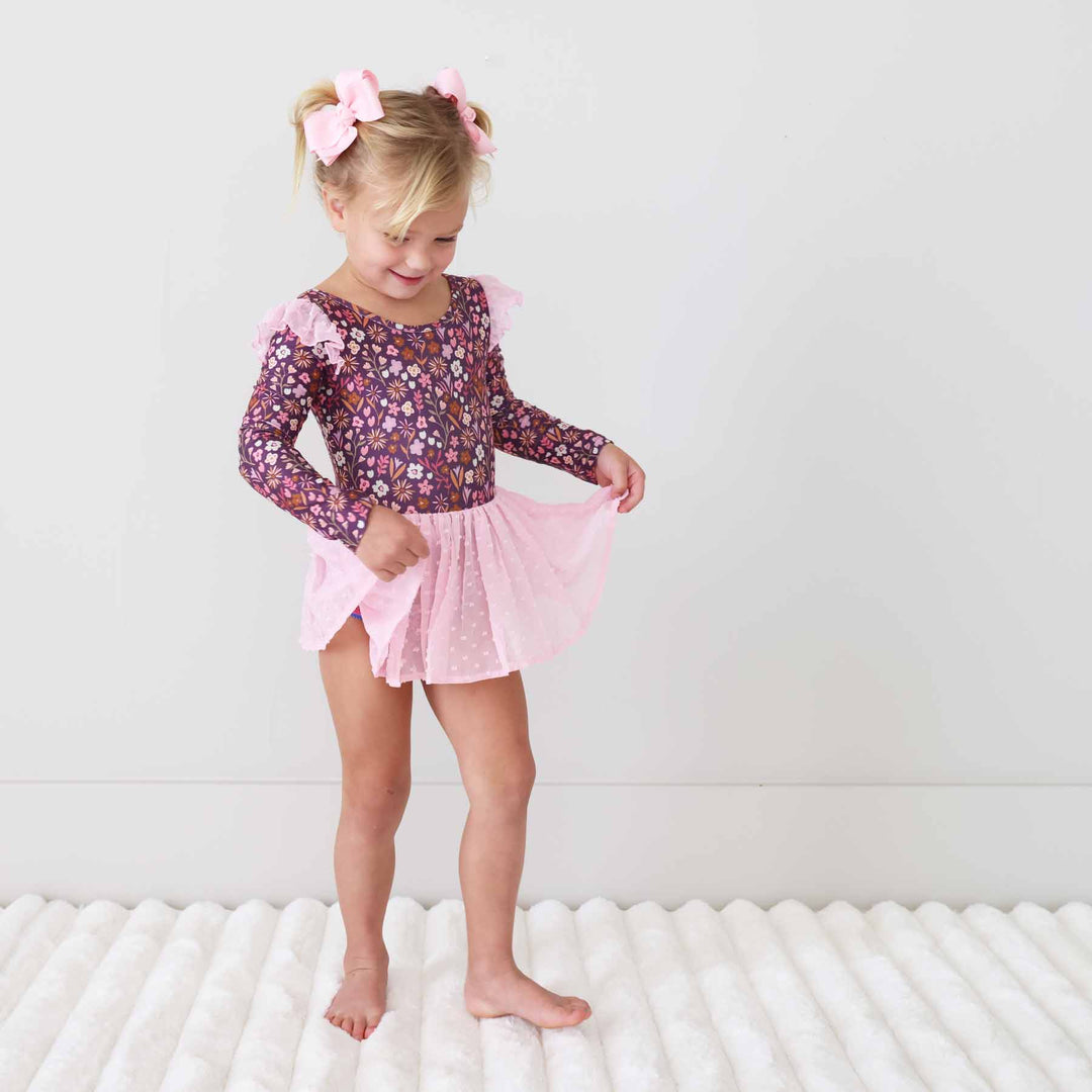 girls long sleeve floral leotard purple and pink 