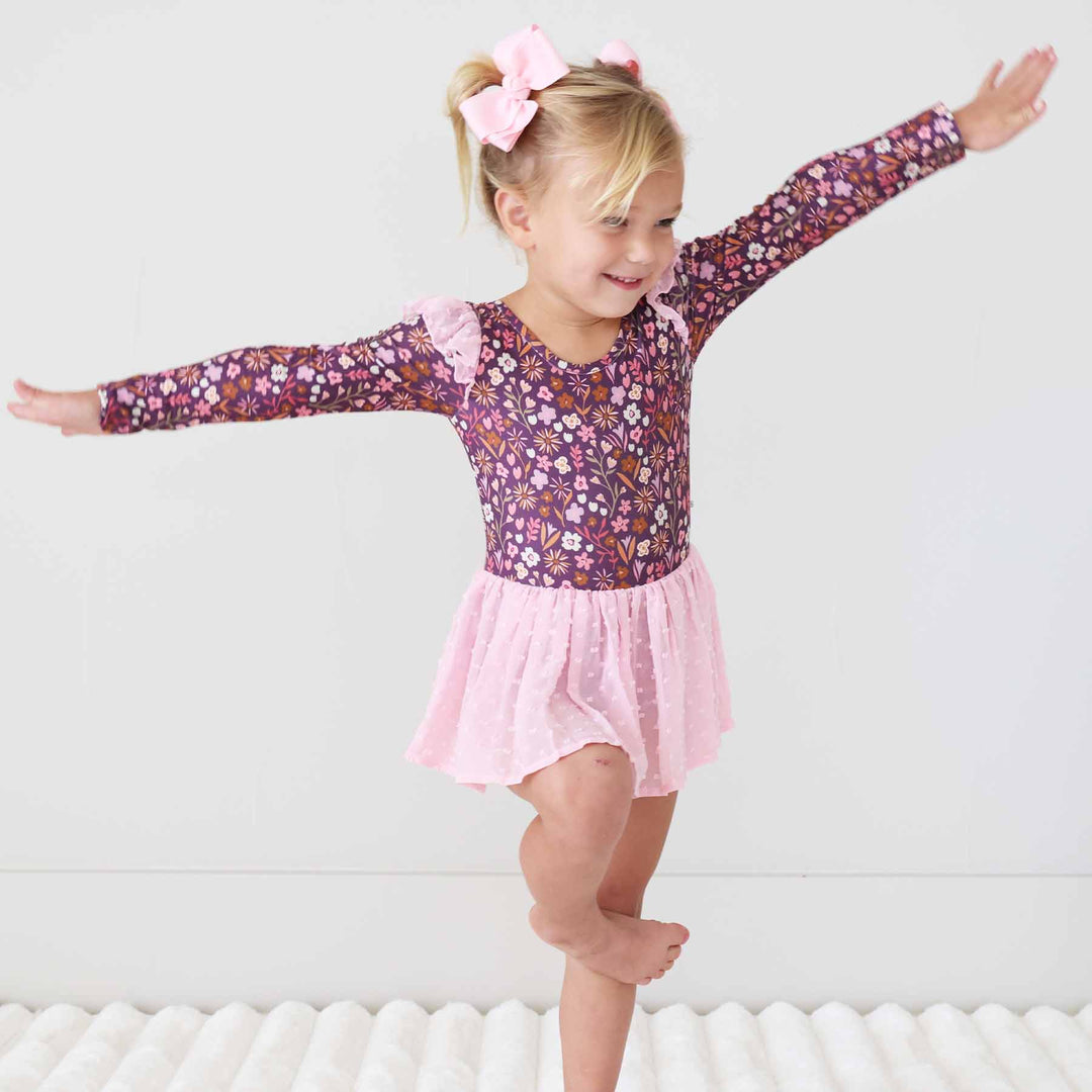 girls pink tulle skirt leotard with dots long sleeve plum with pink floral
