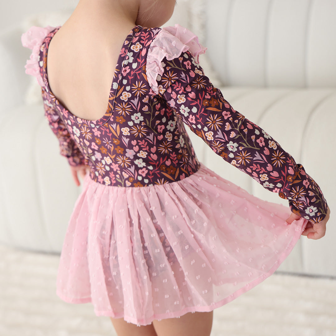 scoop back long sleeve leotard for girls with pink tulle skirt 