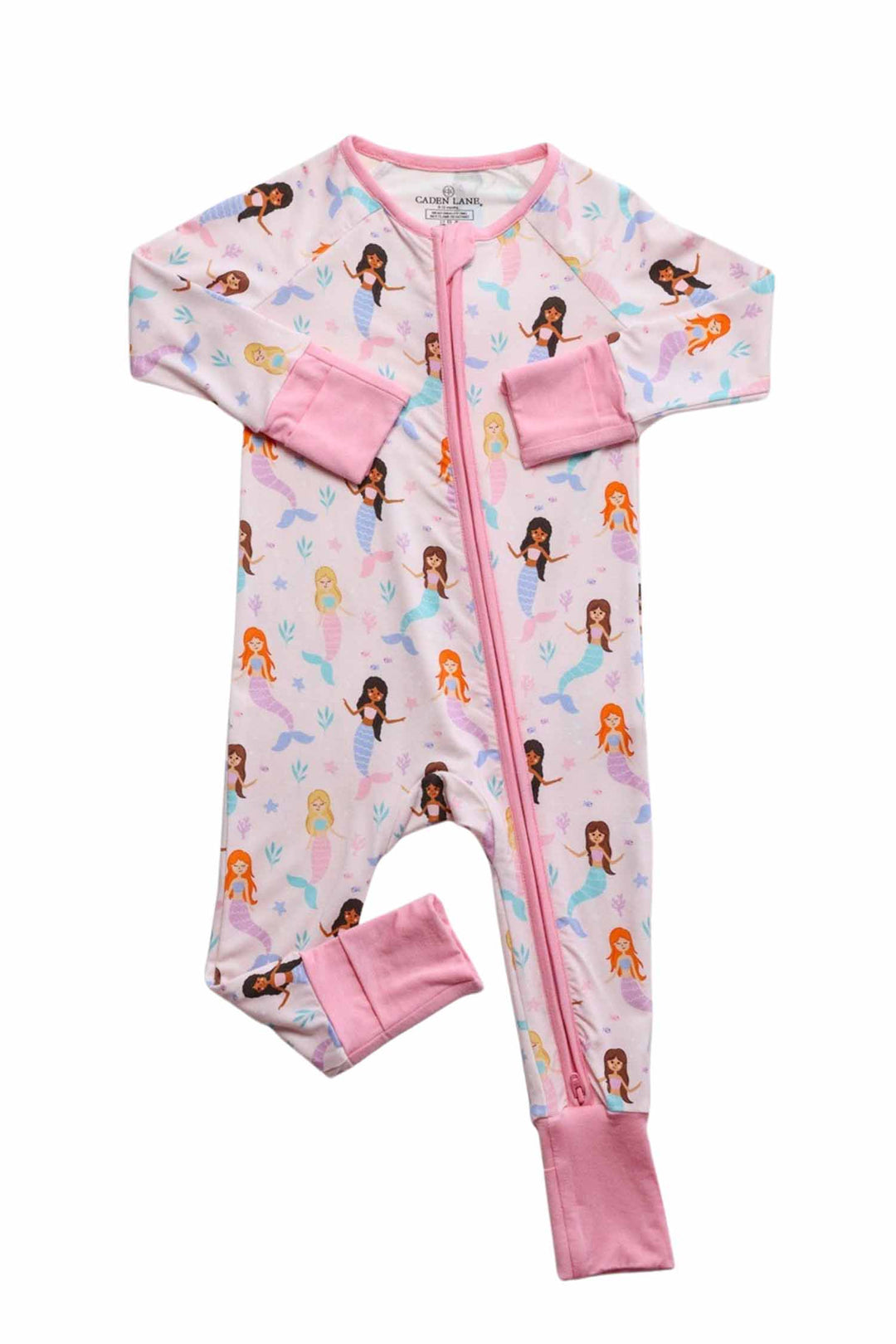 mermaids print bamboo zip romper, back view showing convertible zipper