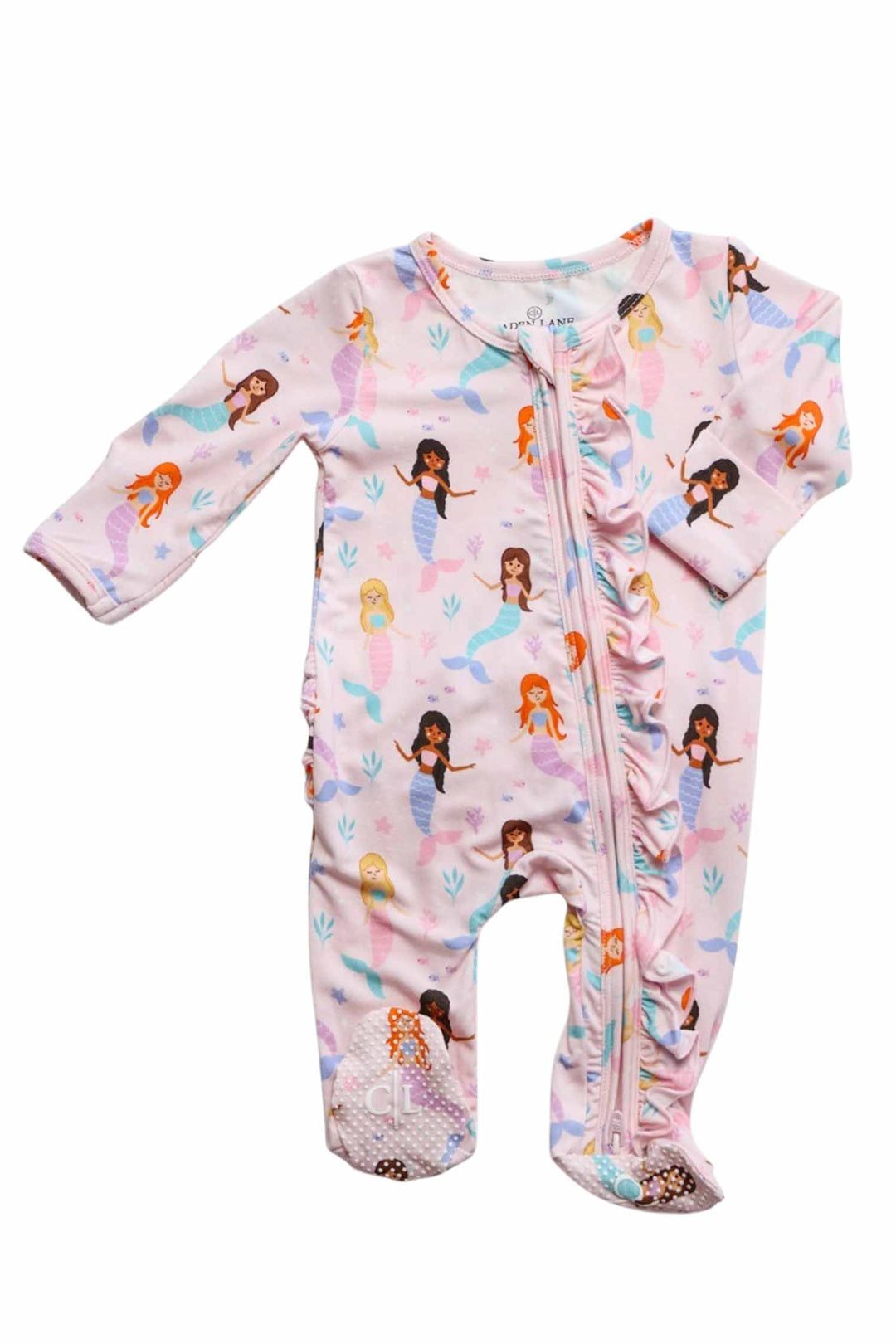 mermaids print bamboo ruffle footie, back view showing zipper and ruffle detail