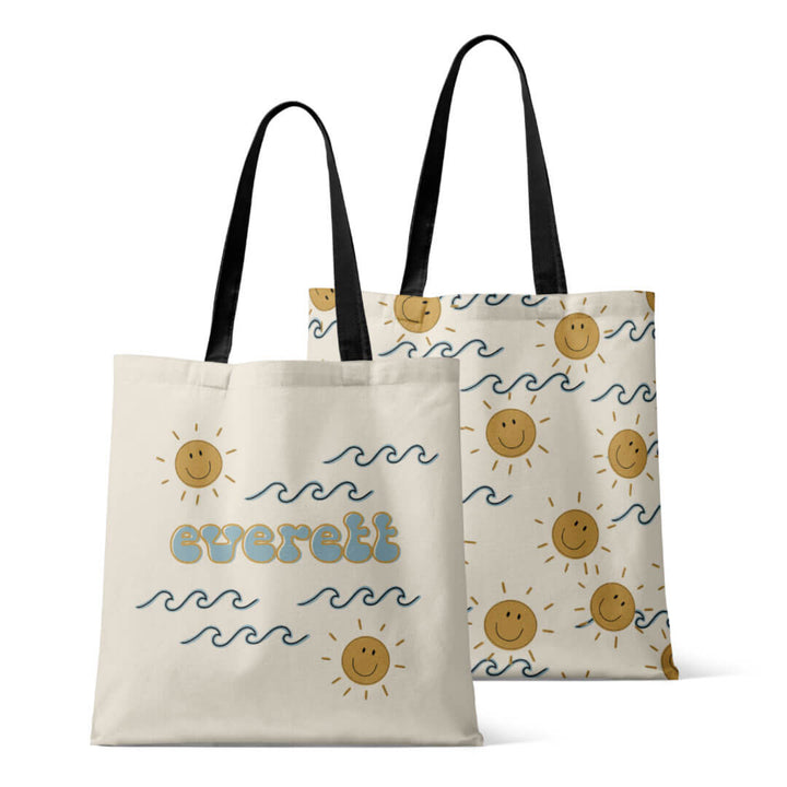 personalized tote with smiley face suns and waves 