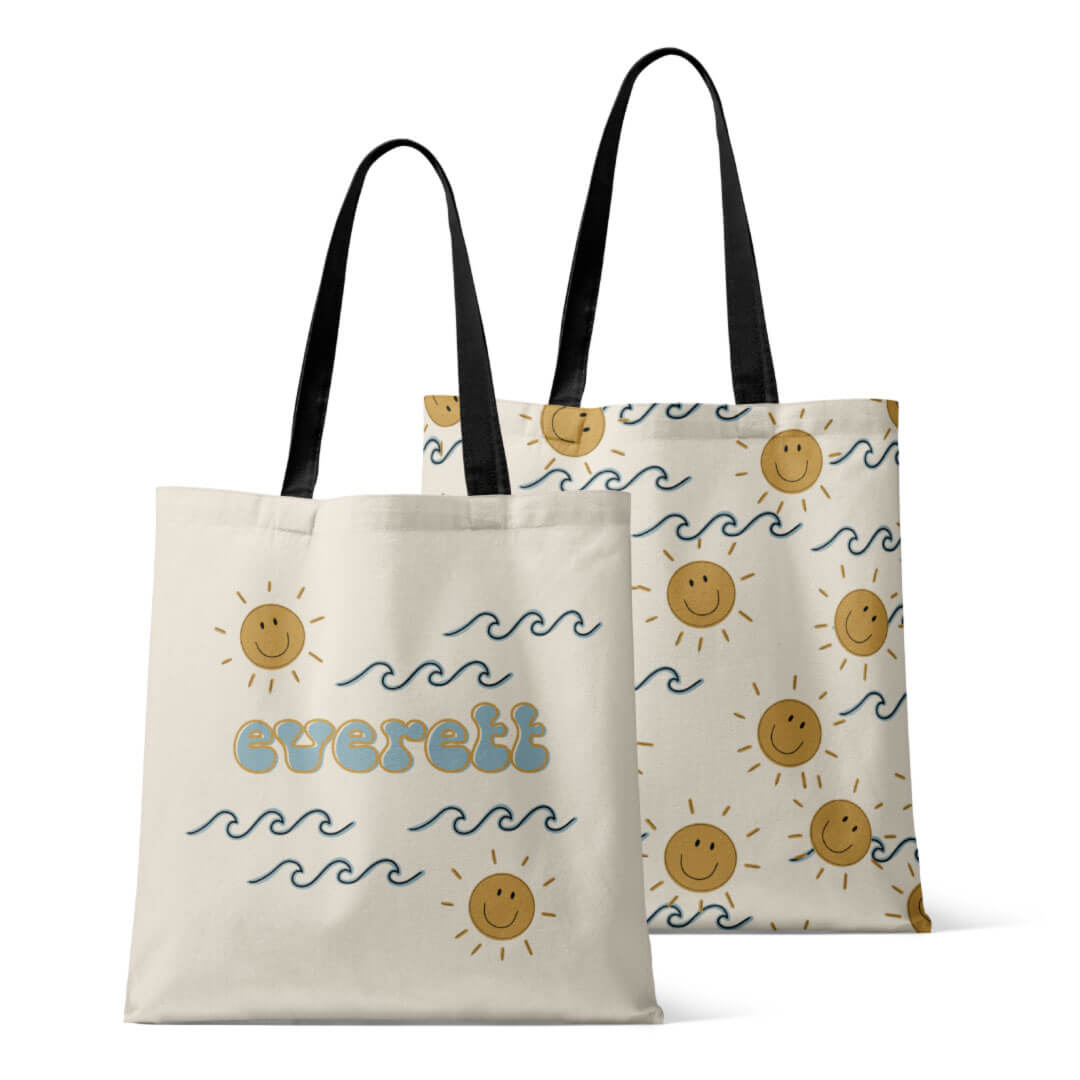 personalized tote with smiley face suns and waves 