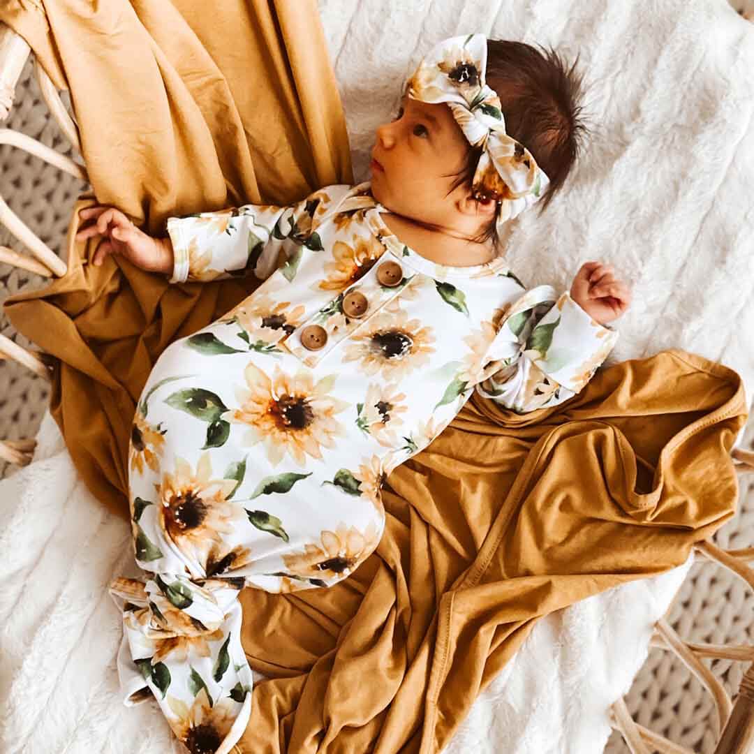 savannah's sunflowers newborn knot gown and hat set