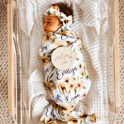 sunflower personalized baby name swaddle blanket 