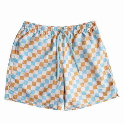 blue and yellow checkered print swim trunks for men