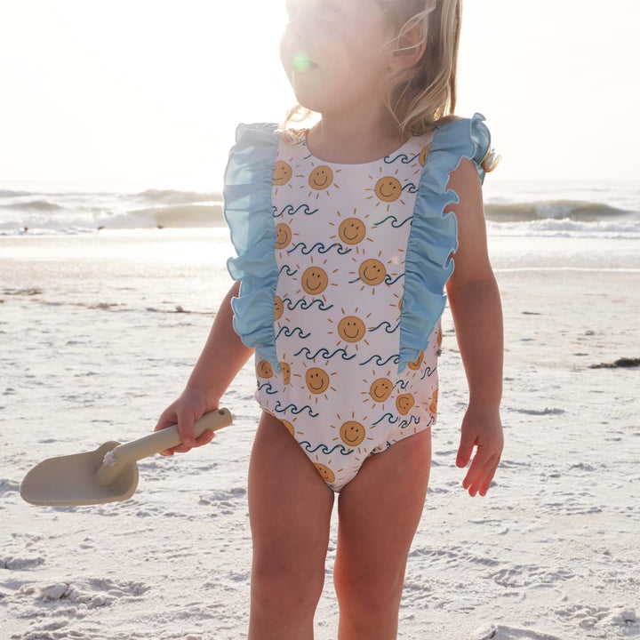smiley face sun one piece swimsuit for babies 