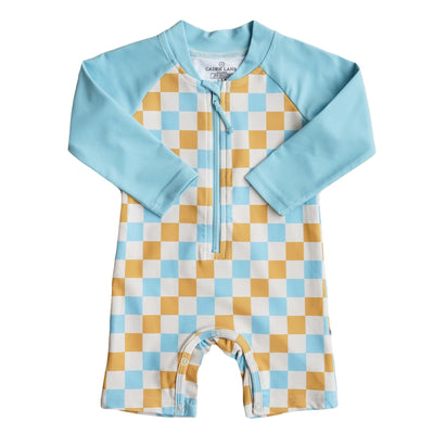 blue and yellow check swimsuit romper for toddlers with crotch snaps