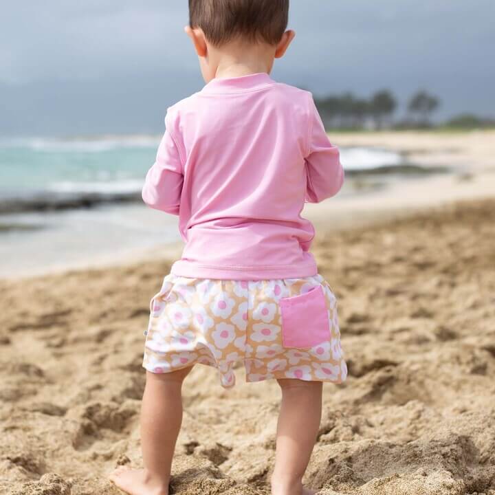 pink and yellow daisy boy's trunks 