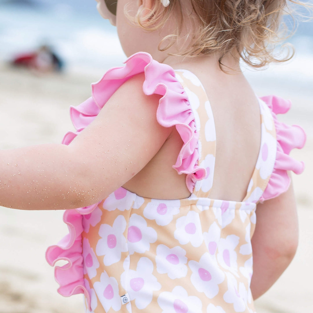 yellow and pink ruffle swimsuit