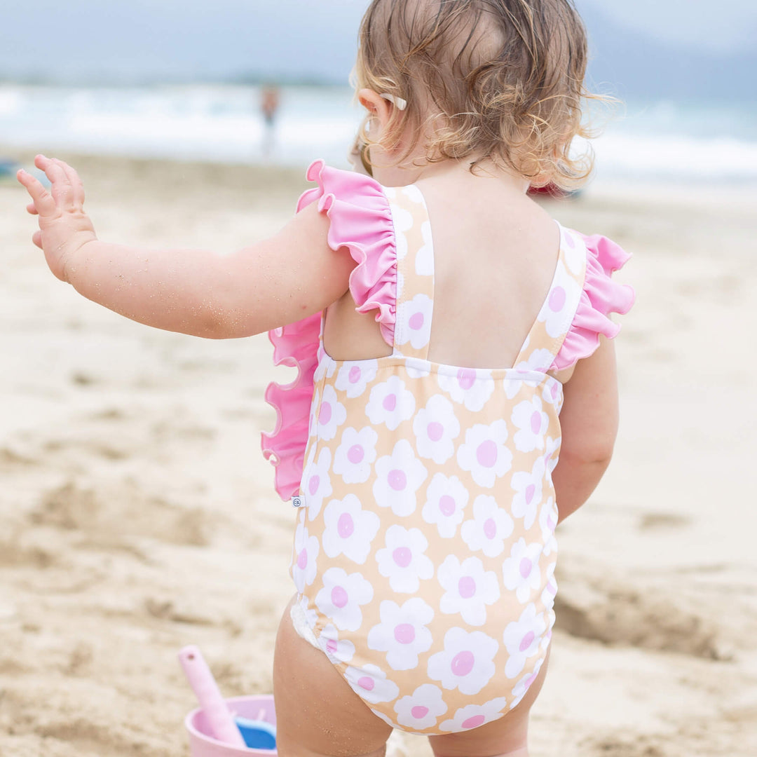 girls swimsuit double ruffle one piece sunshine daisy pink and yellow flowers 