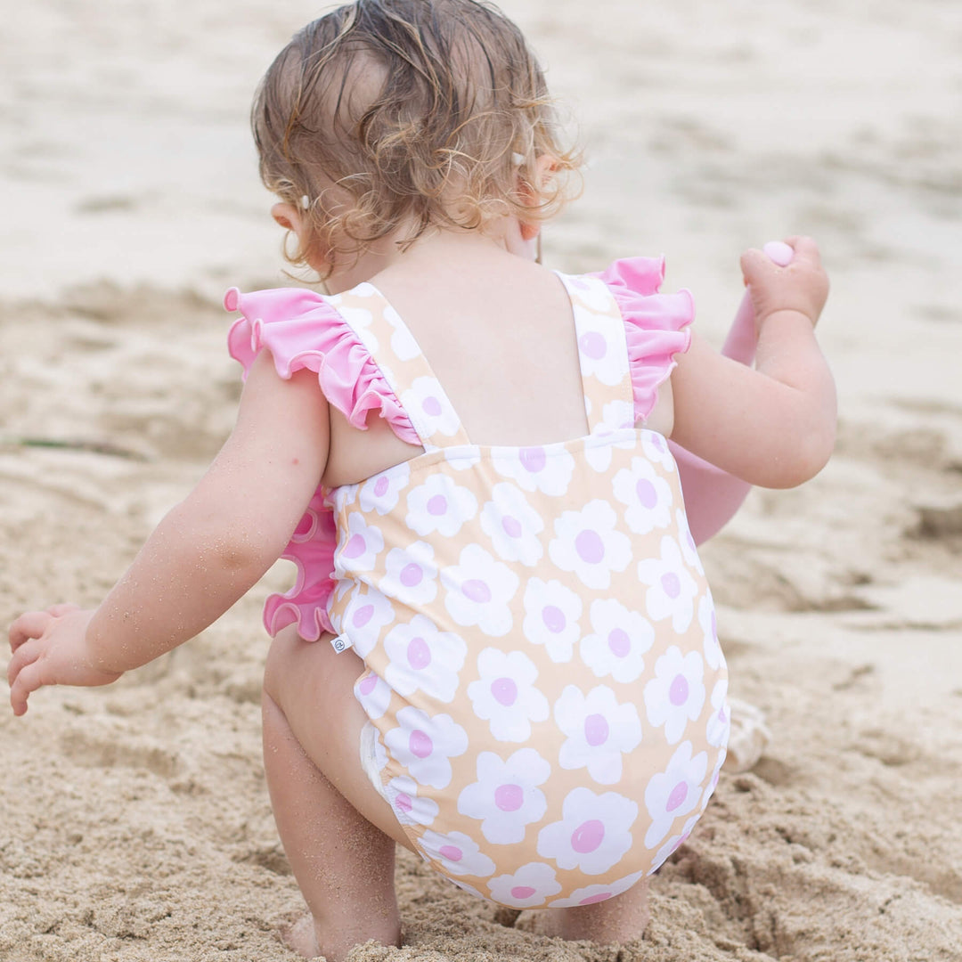 pink and yellow daisies double ruffle one piece for girls 