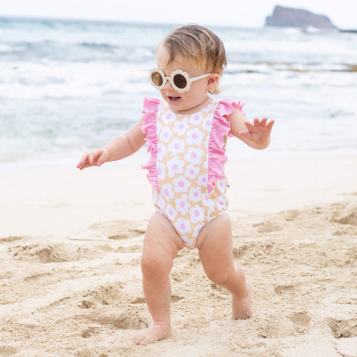 baby swimsuit yellow and pink ruffles flowers