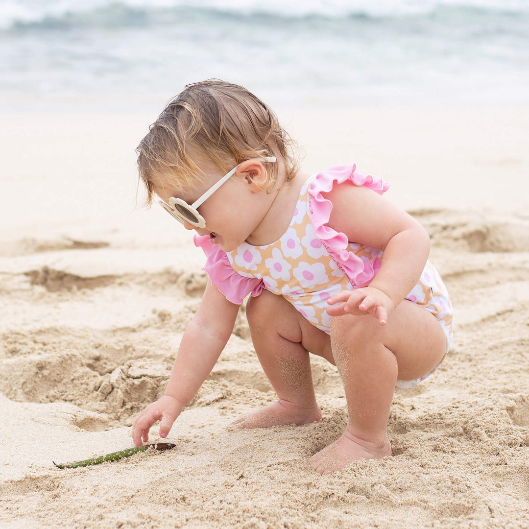 pink and yellow flowers swim one piece with ruffles 