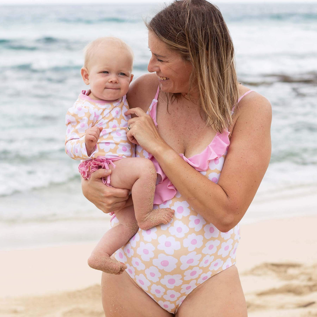 women's ruffle one piece pin and yellow flowers