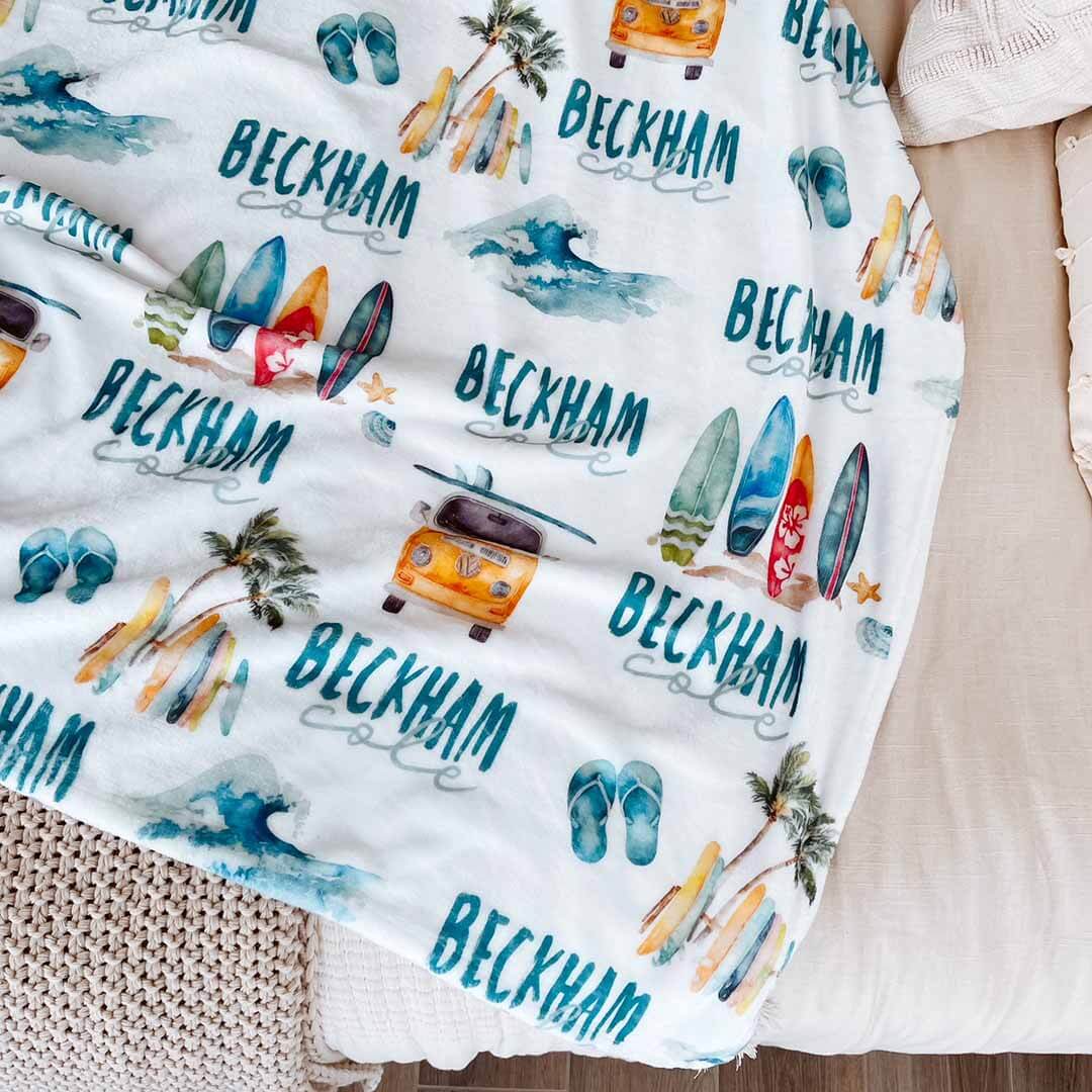 surfing themed personalized kids blanket 