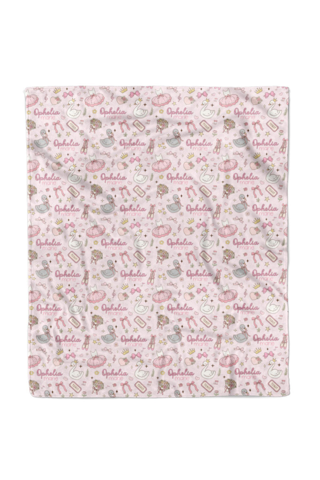 Flat lay of a fully unfolded personalized Caden Lane Swan Ballet blanket in pink, showing the full repeating pattern of swans, bows, and custom name