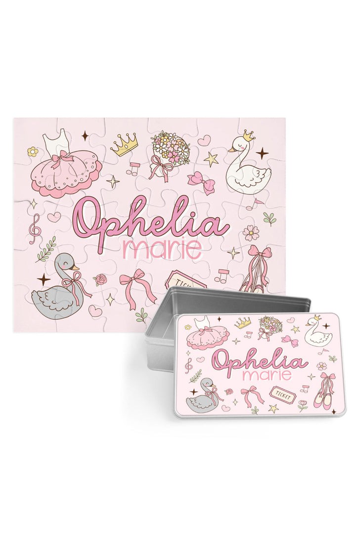 Personalized Caden Lane Swan Ballet jigsaw puzzle in pink, showing ballet dress, swan, and custom name, paired with a matching silver storage tin