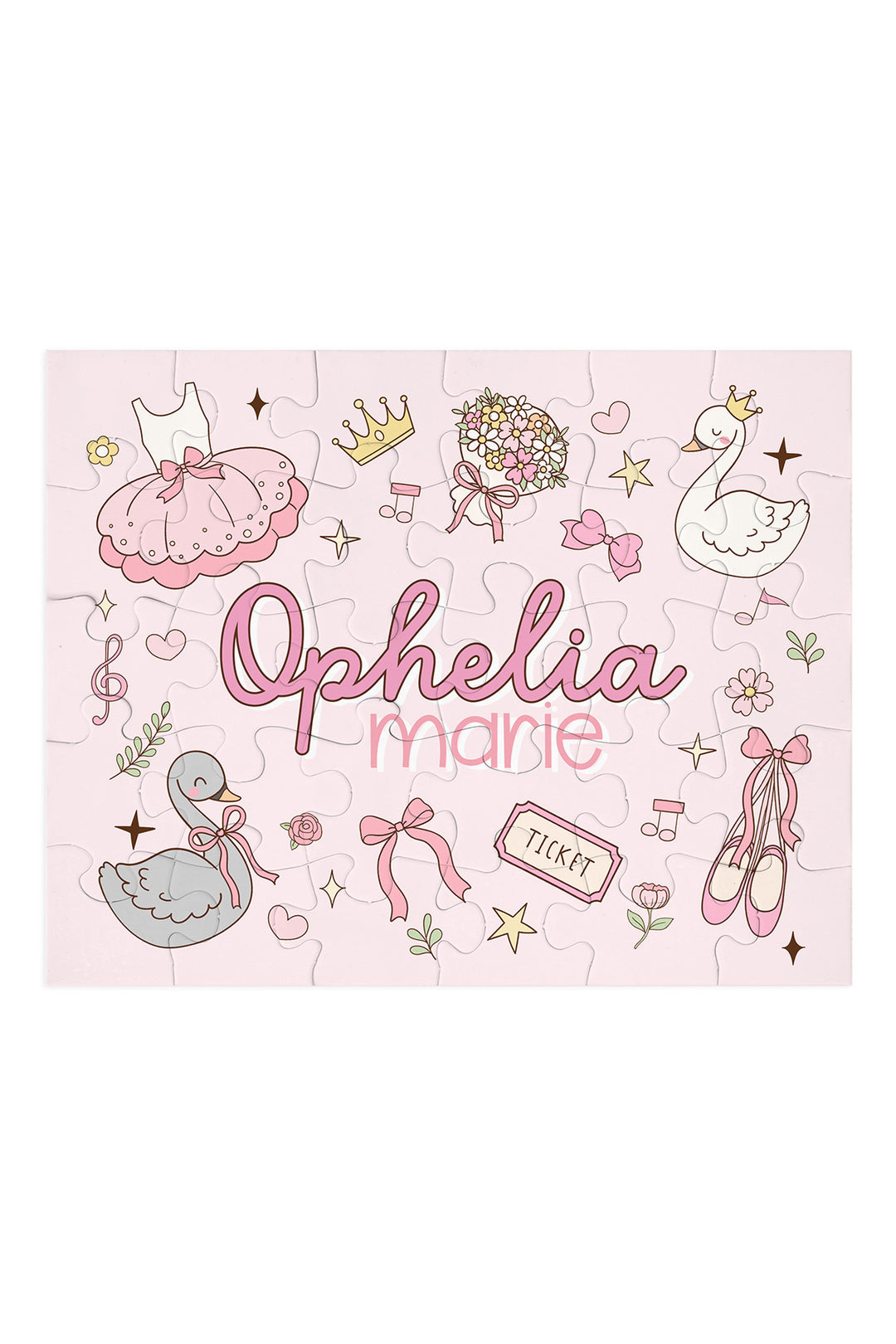 Flat lay of an assembled personalized Caden Lane Swan Ballet jigsaw puzzle in pink, showing ballet dress, swans, and custom name