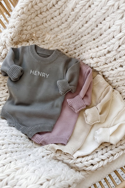 Personalized Knit Sweater Bubble Romper in Solid Caden Lane