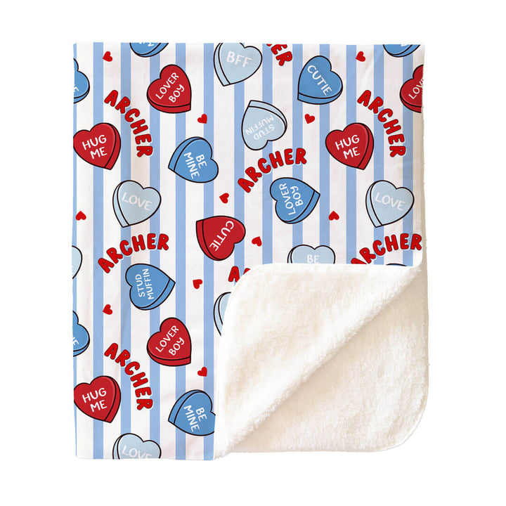 sweet like candy blue personalized sherpa blanket for boys 