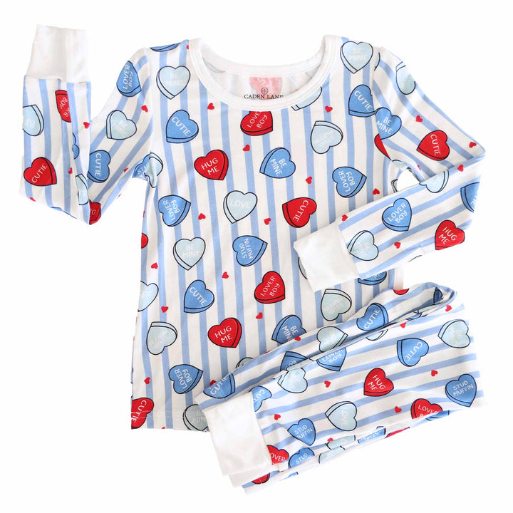 sweet like candy blue two piece pajama set for kids with stripes and heart candy