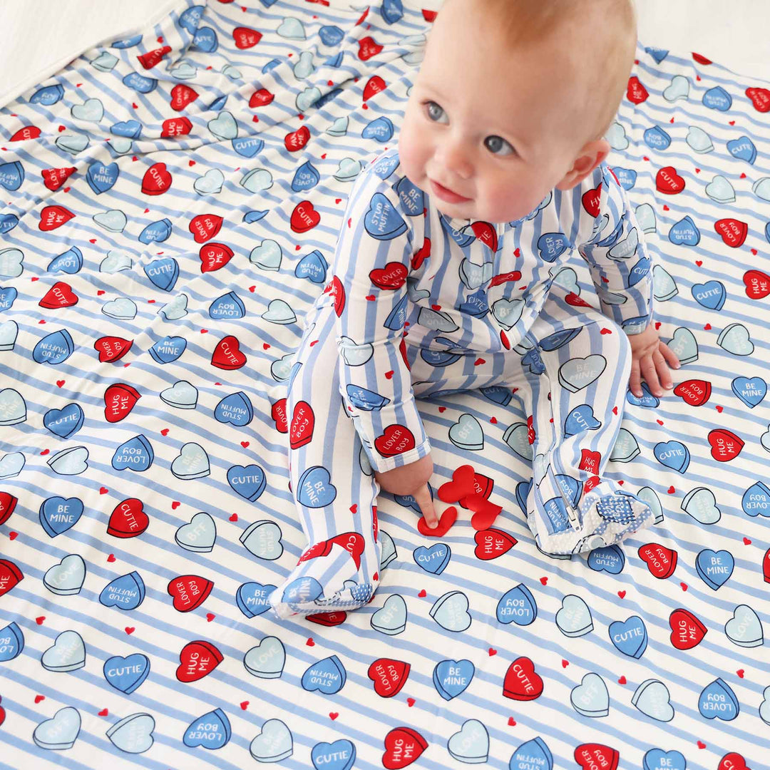 valentine's day candy heart and stripe bamboo blanket 