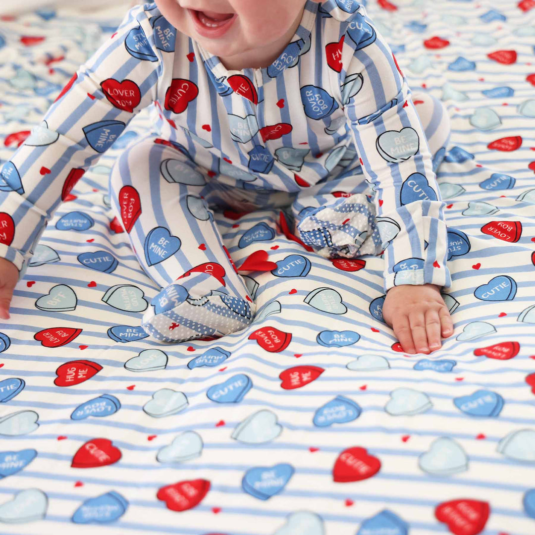 valentine's day candy heart and blue stripe reversible bamboo blanket for boys 