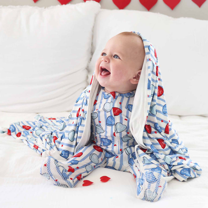 baby boy valentine's day zipper footie pj with conversation hearts and stripes 
