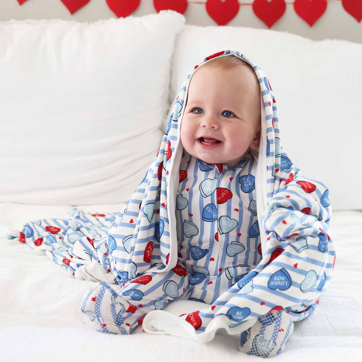 sweet like candy footie pajama and matching bamboo blanket for baby boys 