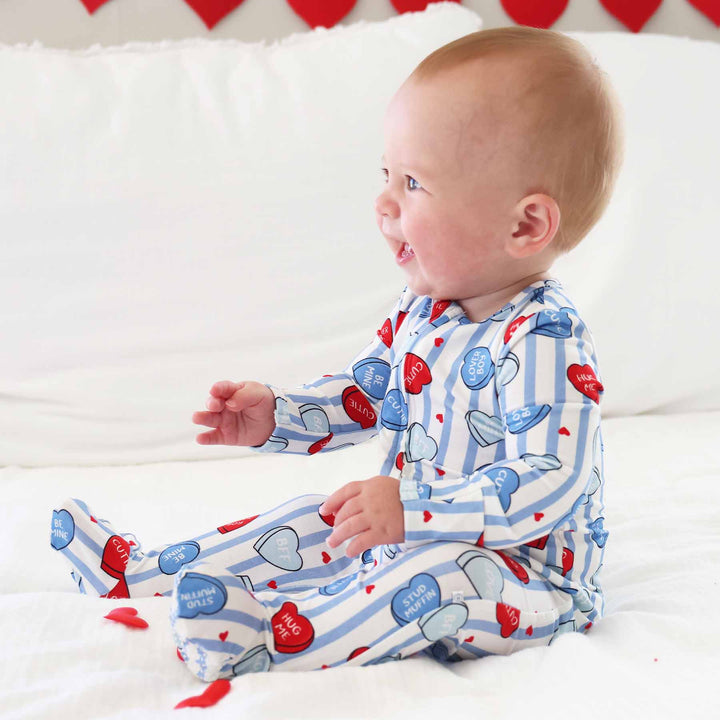 blue striped candy heart valentine's day zipper footie pajama for baby boys 