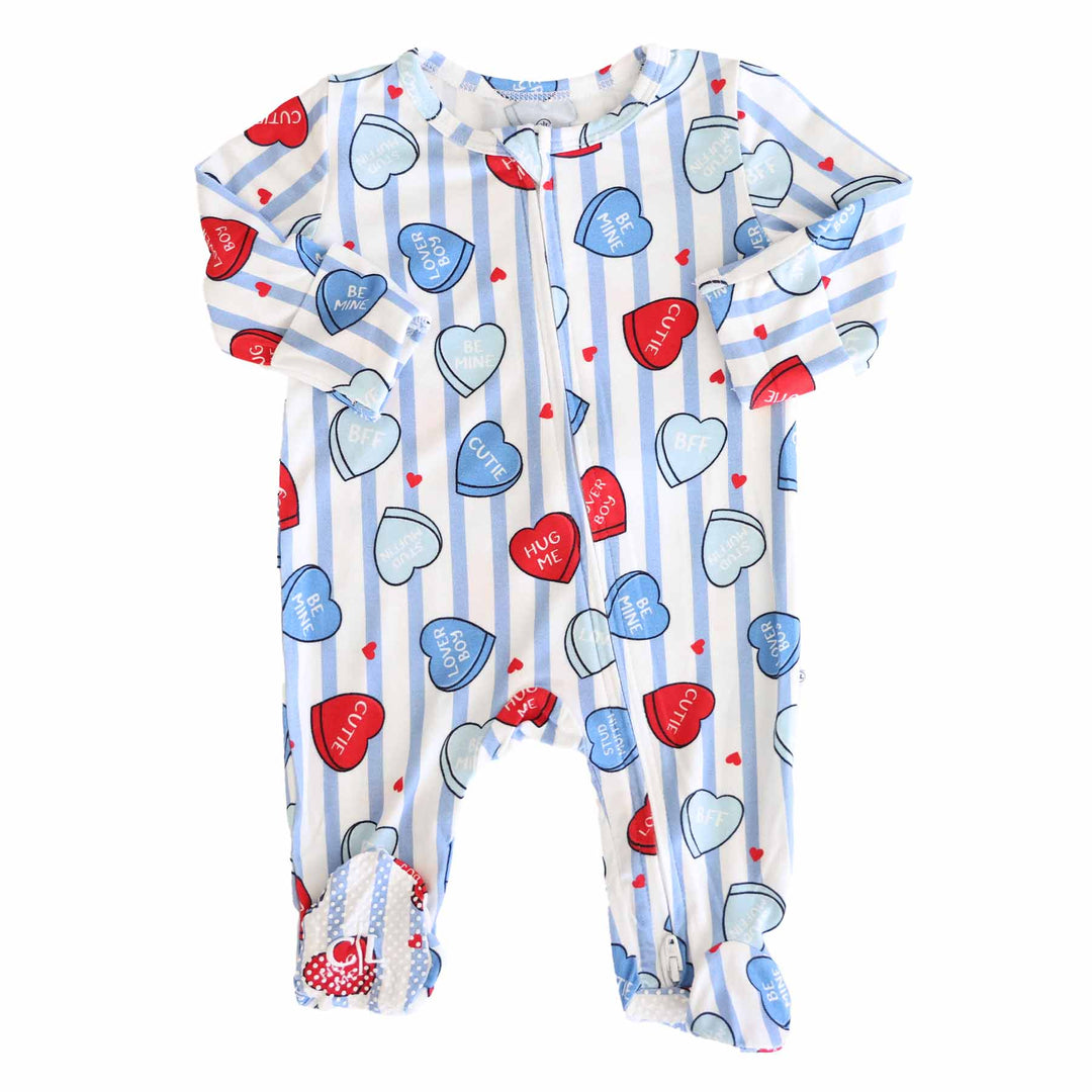 bamboo valentine's day footie with blue and white stripes with heart candy