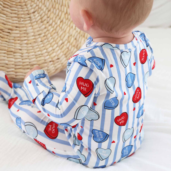 sweet like candy blue valentine's day bamboo zipper footie pajama for baby boys 
