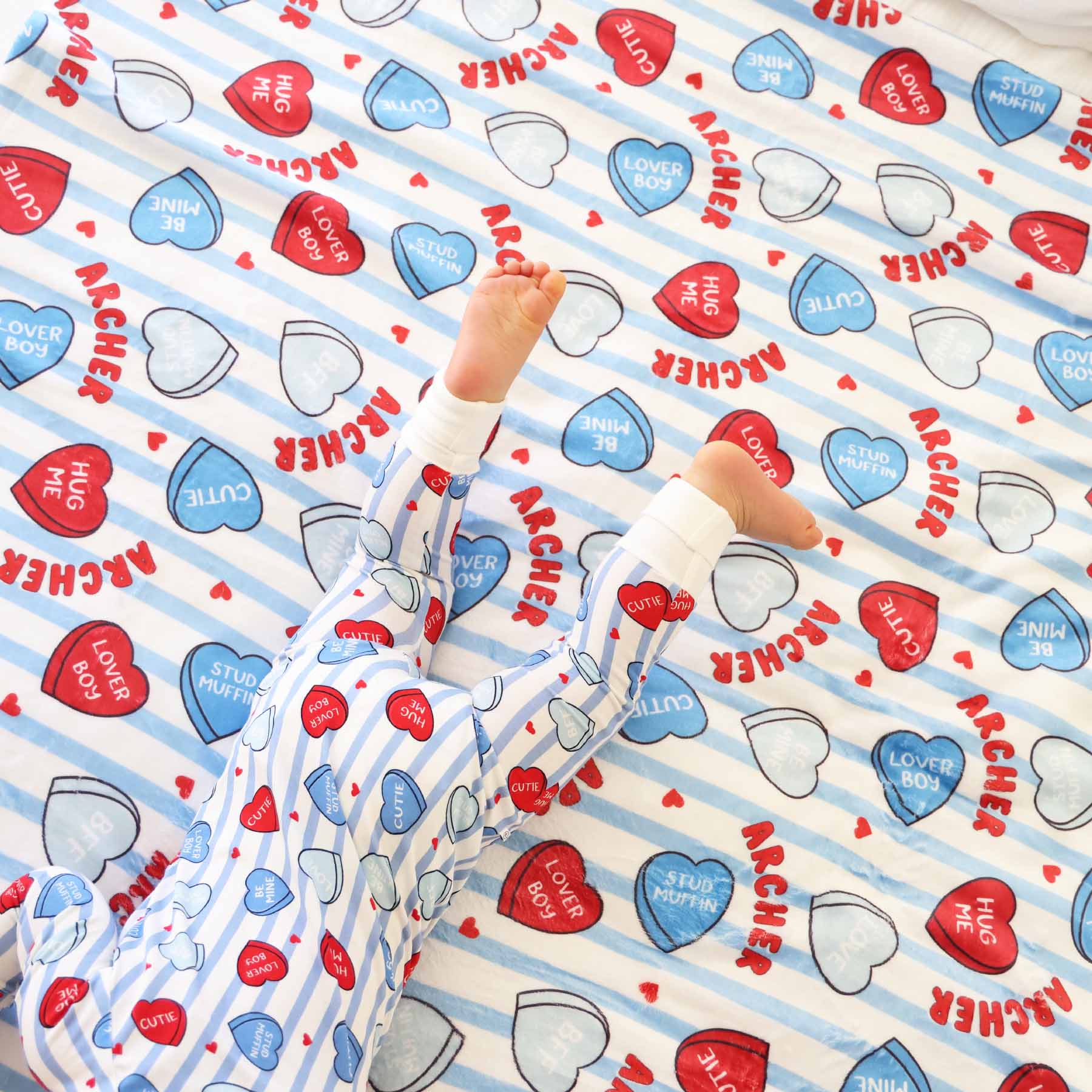 valentine's day conversation heart personalized blanket with blue stripes with a matching convertible zip romper pajama 