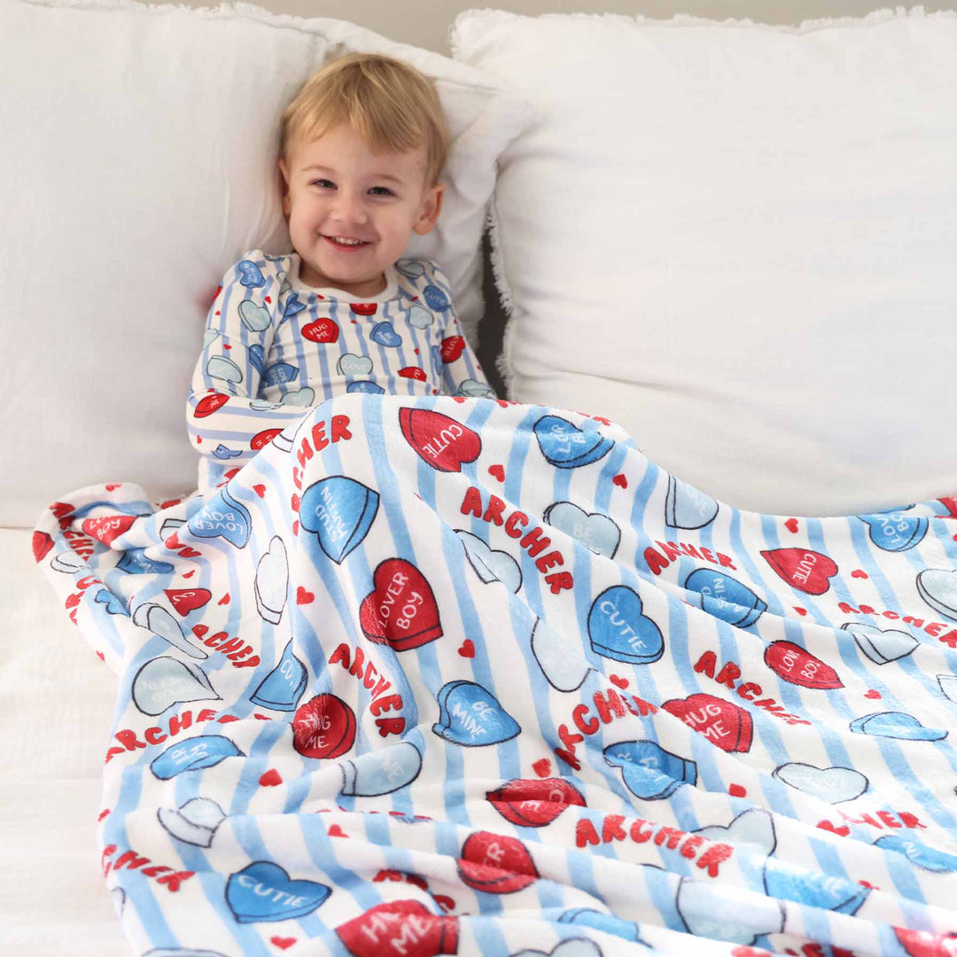 conversation heart and blue stripe personalized blanket for boys 