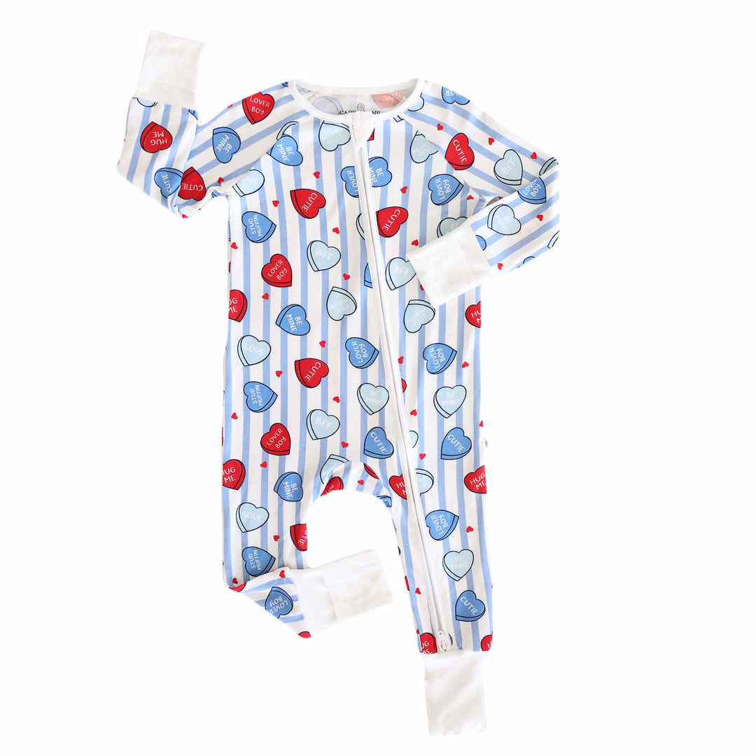 sweet like candy blue stripe candy heart bamboo zip romper pajama for baby and toddler boys 