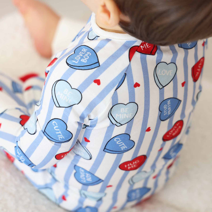 sweet like candy blue convertible zip romper pajama for baby and toddler boys 