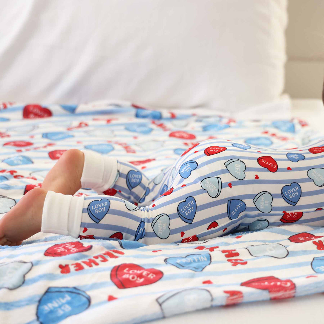 candy heart and blue stripe bamboo viscose convertible zip romper pajama for baby and toddler boys 