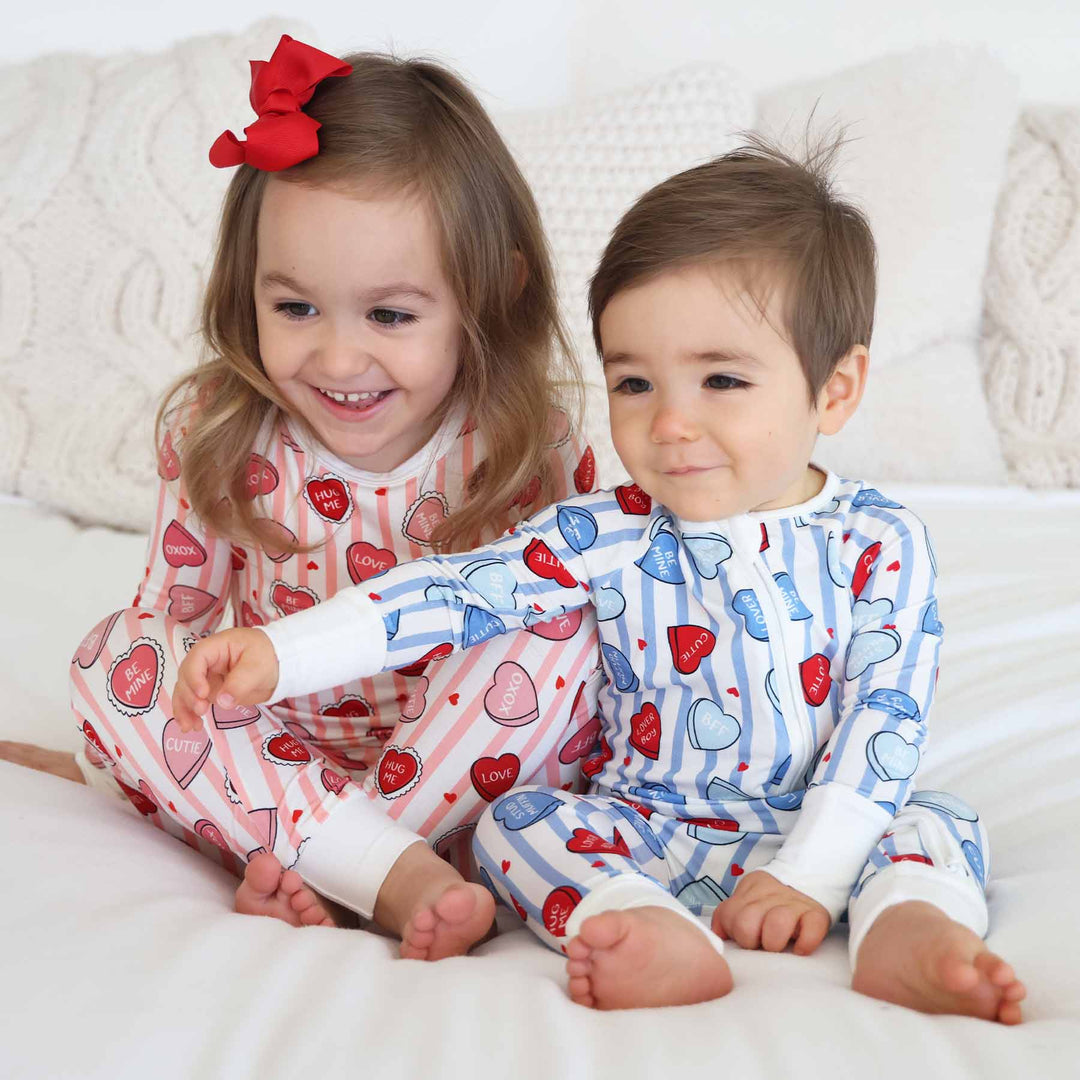 conversation heart valentine's day sibling matching pajamas 