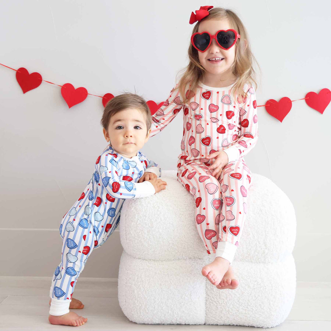 brother and sister coordinating valentine's day pajamas 
