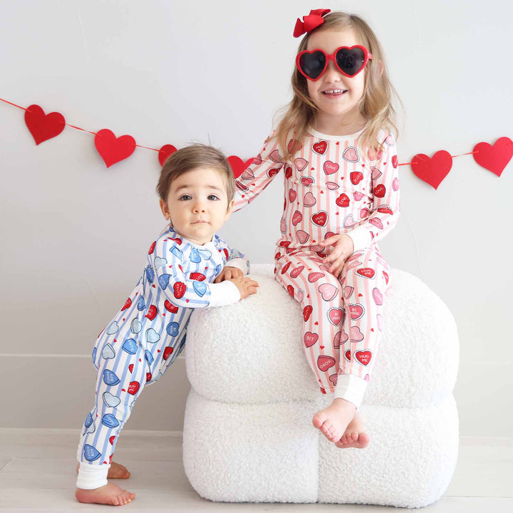 brother and sister coordinating valentine's day pajamas 