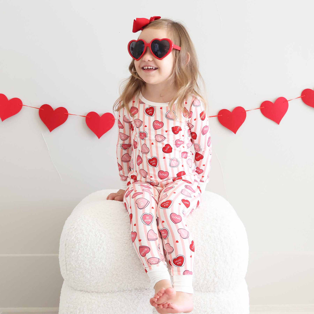 valentine's day candy heart and pink stripe long sleeve and pant two piece pajama set for girls 