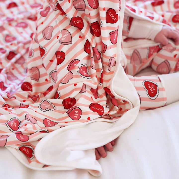 pink stripe conversation heart double sided bamboo blanket for girls 