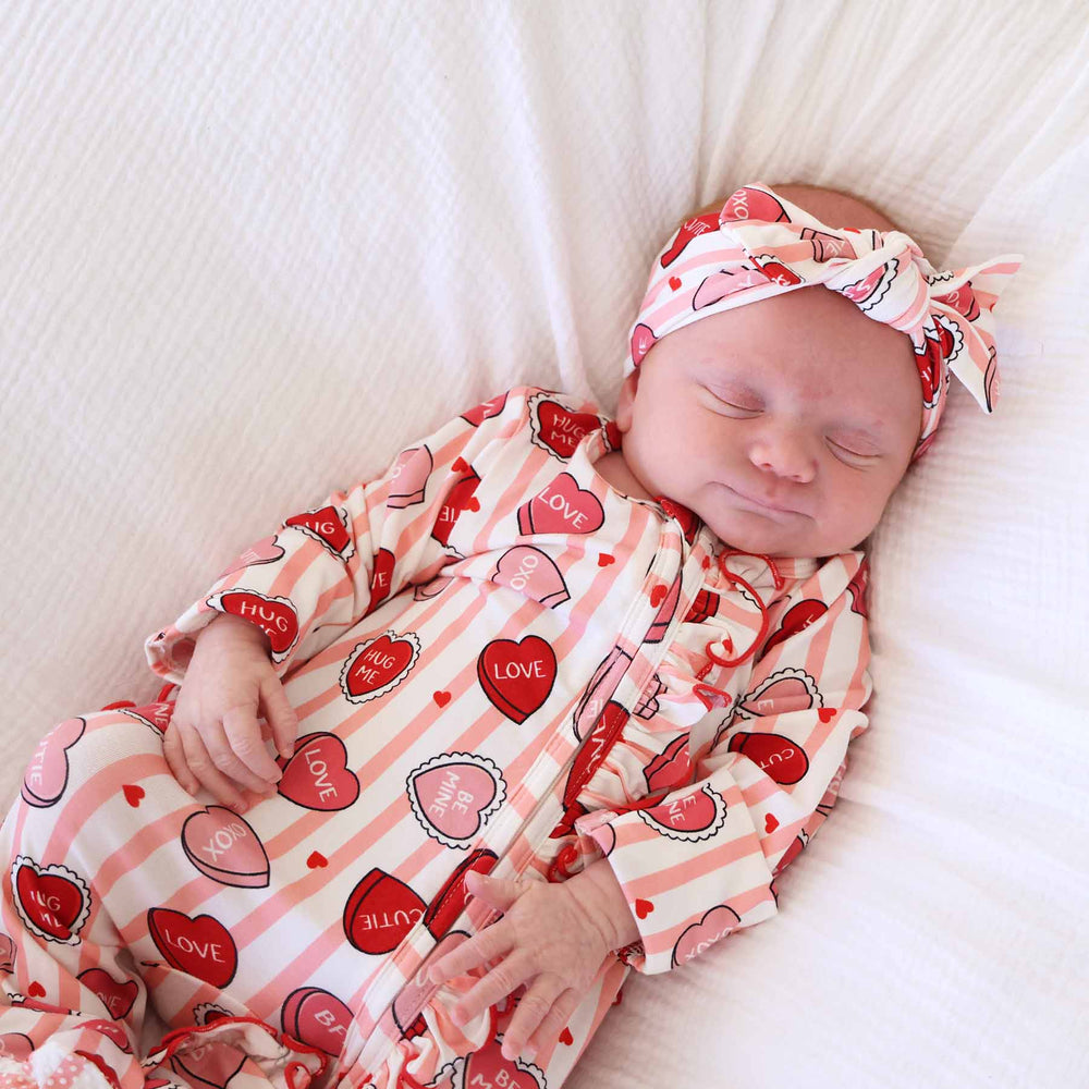 baby girl valentine's day long sleeve zipper footie with matching headwrap 