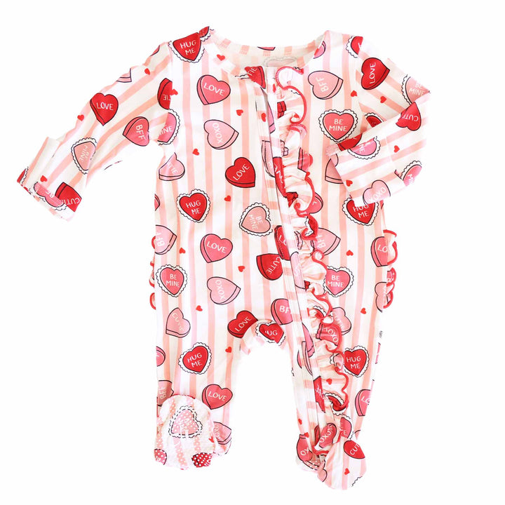 valentine's day ruffle zipper footie pajama for girls with pink stripes and conversation hearts