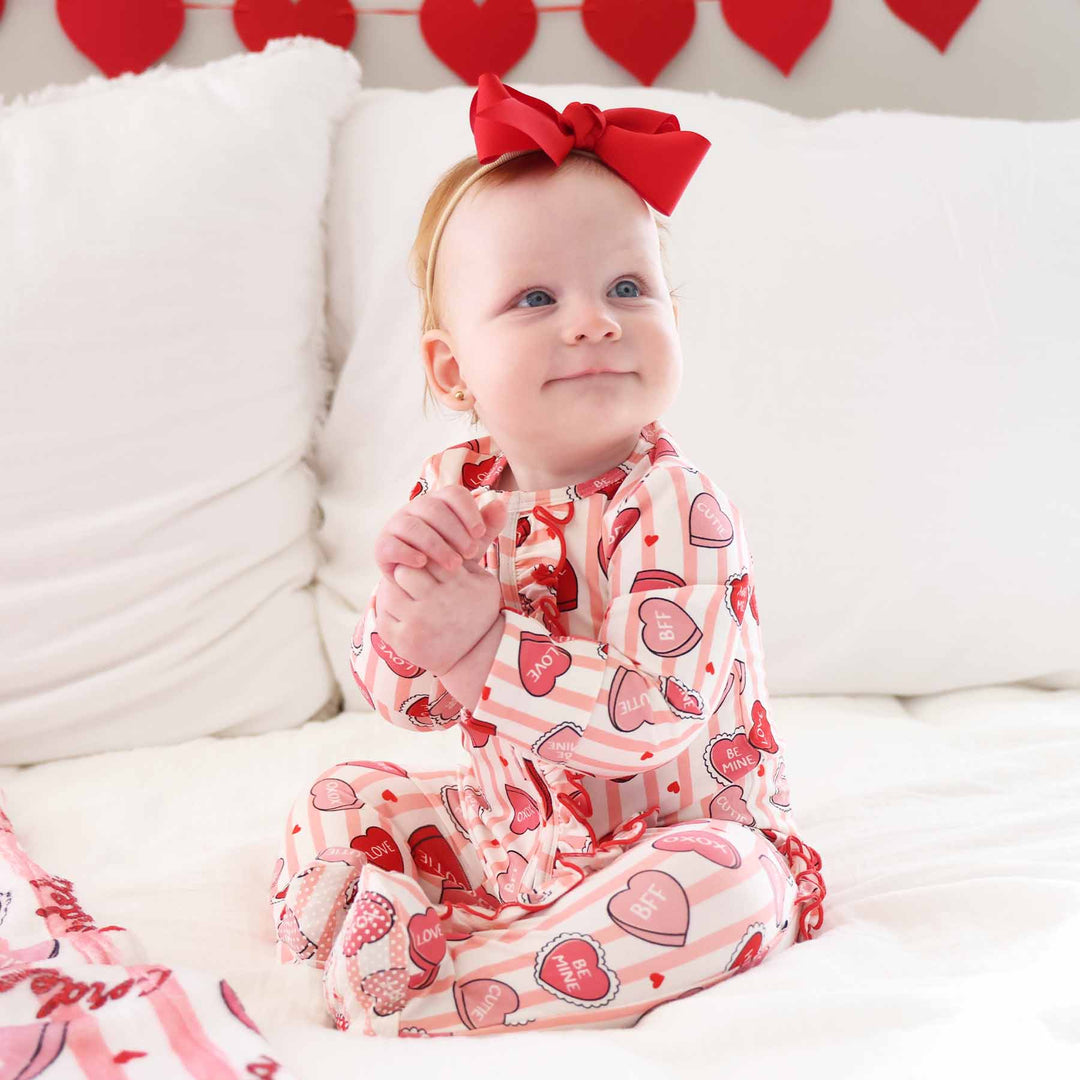 sweet like candy pink valentine's day zipper footie sibling matching pajamas 