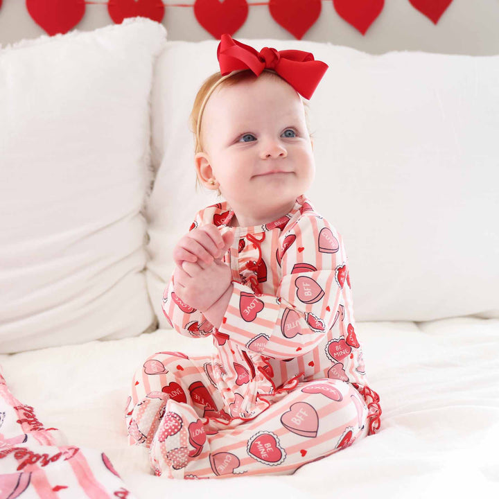 sweet like candy pink valentine's day zipper footie sibling matching pajamas 