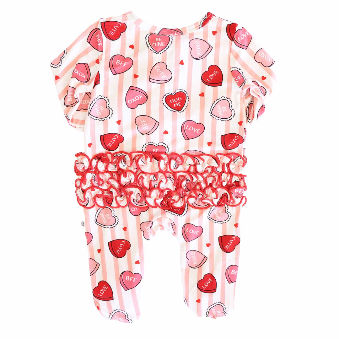 valentine's day ruffle bottom zipper footie for baby girls with pink and white stripes and candy hearts 
