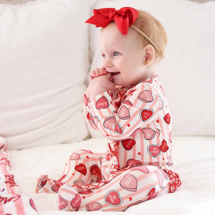 sweet like candy pink bamboo ruffle zipper footie pajama for baby and newborn girls 
