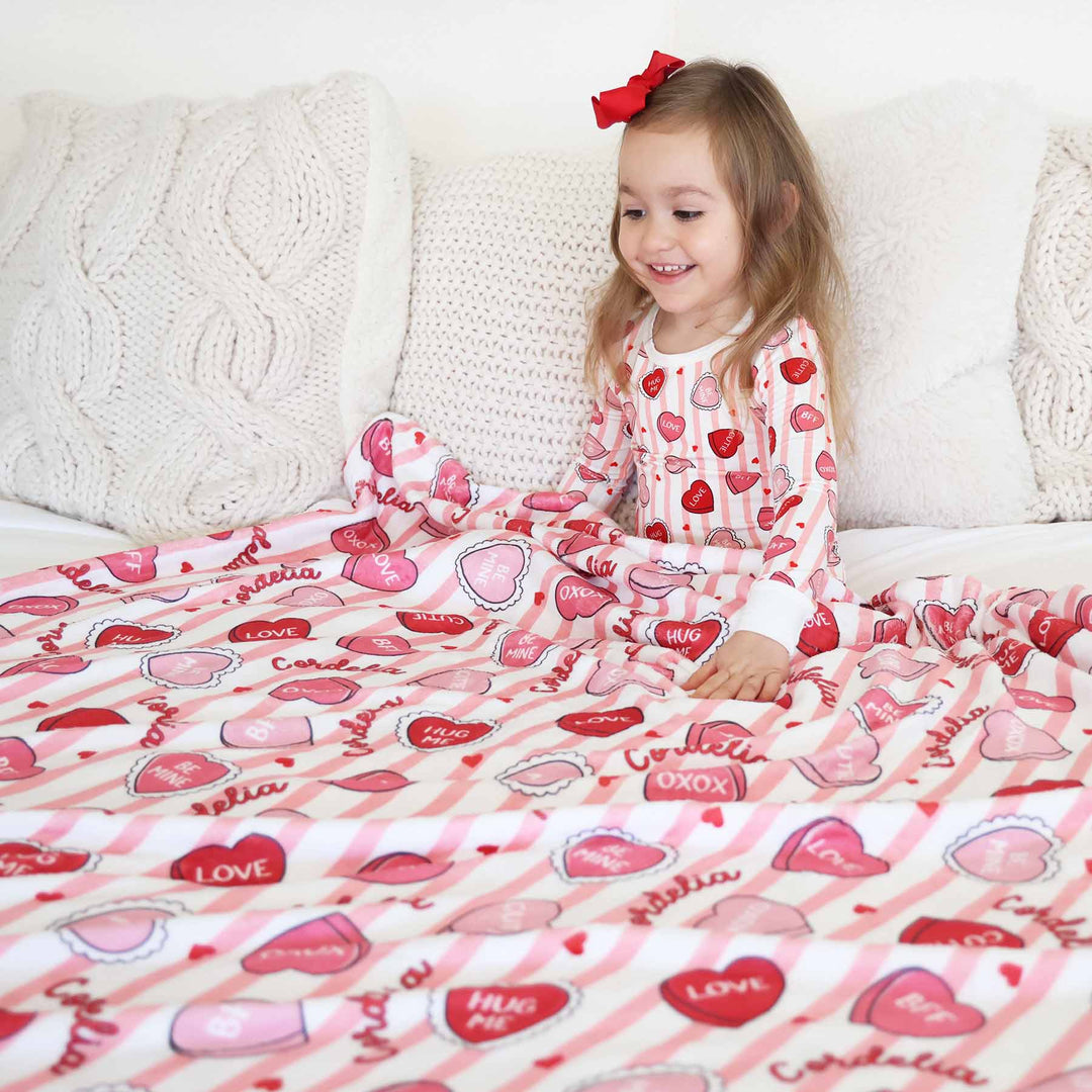 sweet like candy personalized kids blanket in pink with matching two piece pajamas